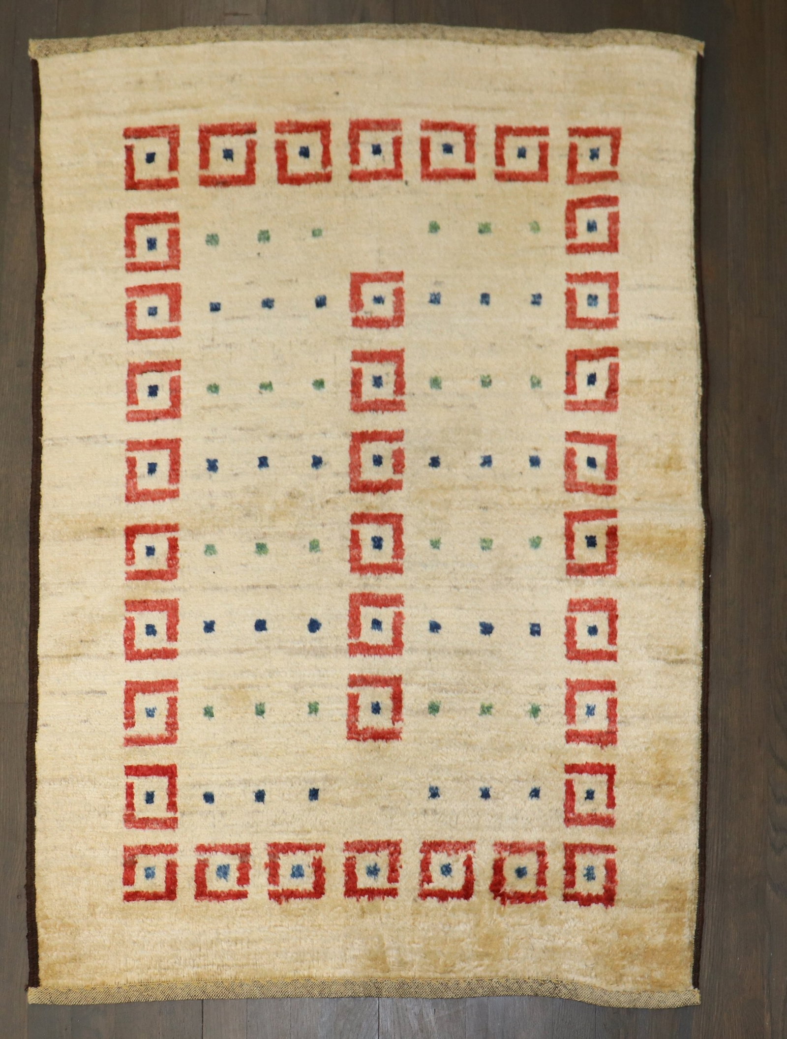 2' 11" x 4' Persian Gabbeh Area Rug: 2' 11" x 4' Persian Gabbeh Area Rug One-of-a-kind 21st century Persian Gabbeh rug in a small format. This pre-owned rug offers the distinctive character of Gabbeh weaving in a modern Persian design. S
