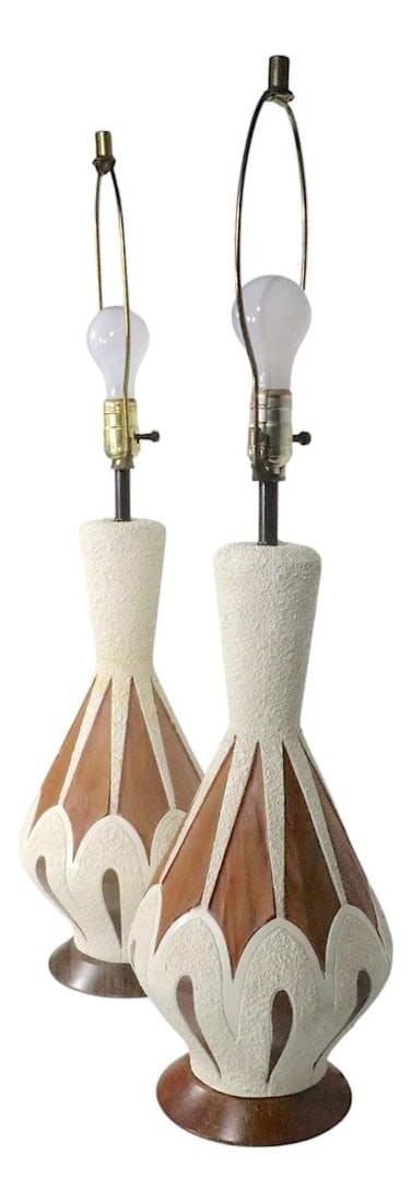 Pair of Vintage Ceramic Table Lamps with Wood Veneer Panels (1 of 10)