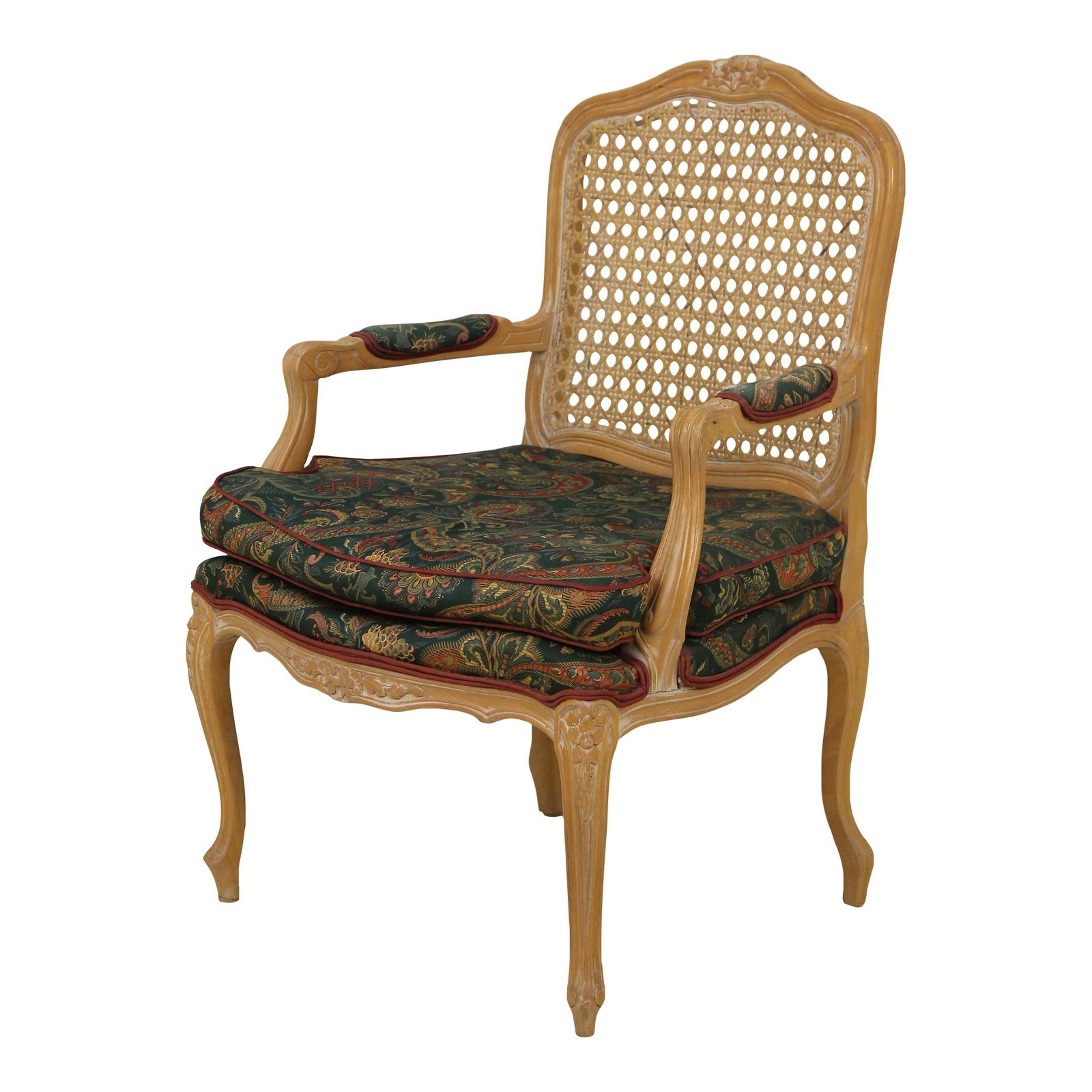 Elegant French Louis XV Style Cane Back Armchair with White Wash Finish: Elegant French Louis XV Style Cane Back Armchair with White Wash Finish This exquisite French Louis XV Style Cane Back Armchair showcases fine carved details and high-quality construction, embodying t