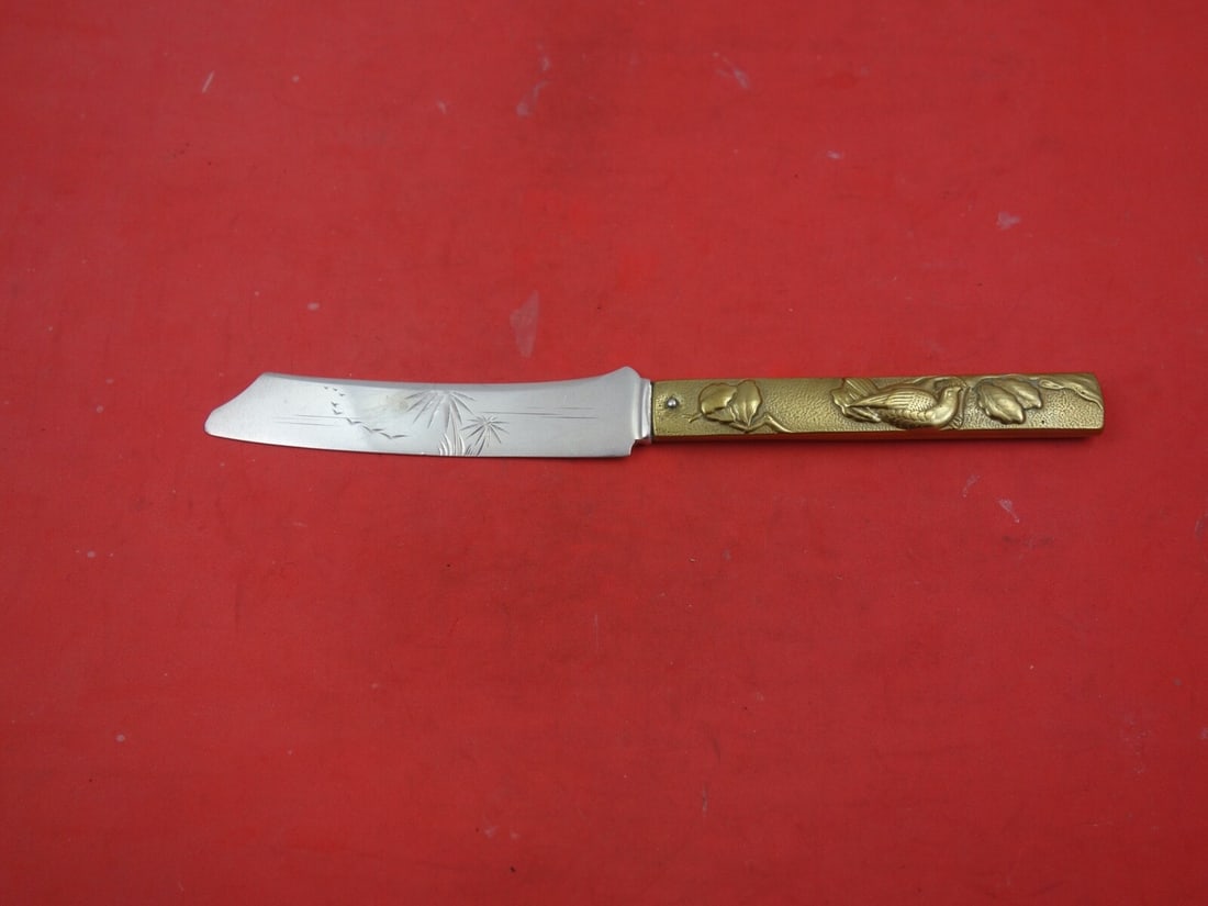 Gorham Kozuka Sterling Silver Fish Knife 8 Brass Handle Carp Design: Gorham Kozuka Sterling Silver Fish Knife 8 Brass Handle Carp Design This exquisite Kozuka fish knife by Gorham features a beautifully crafted brass handle adorned with a carp design, paired with a bri