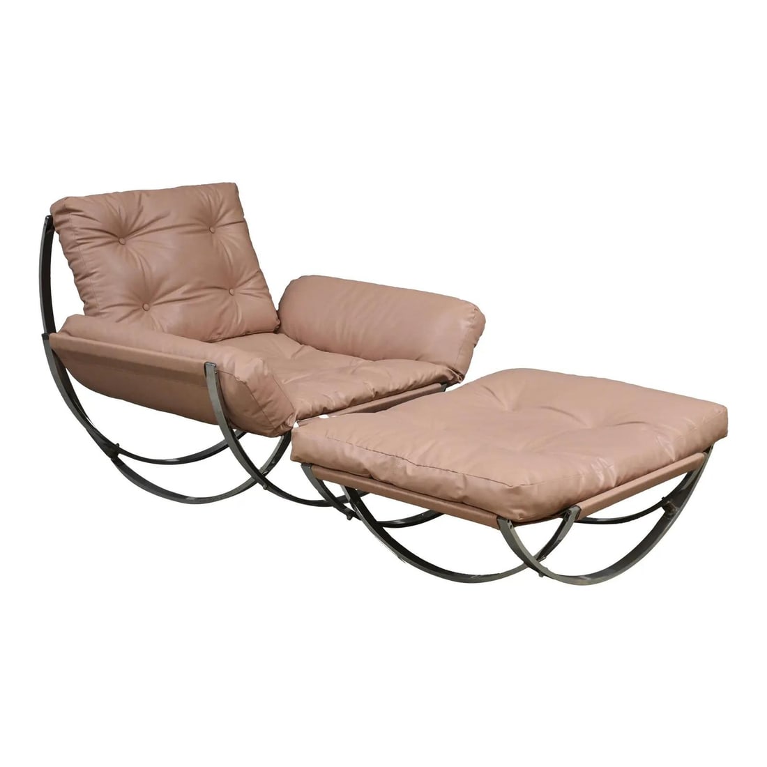 Pink Vinyl Italian Lounge Chair with Ottoman Chromed Steel Frame 1970s Stendig: Pink Vinyl Italian Lounge Chair with Ottoman Chromed Steel Frame 1970s Stendig This mid-century modern Italian lounge chair and ottoman set by Stendig features a pink vinyl sling seat supported by a c