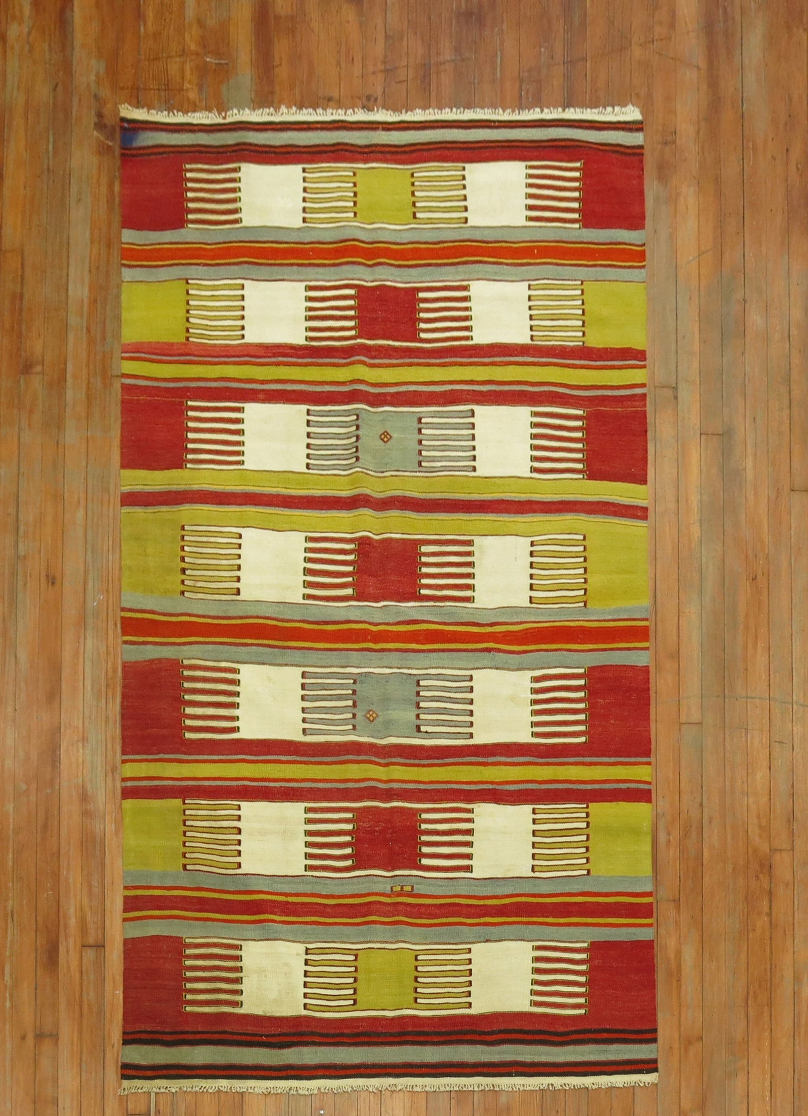 4' 5" x 7' 3" Mid Century Turkish Kilim Accent Rug: 4' 5" x 7' 3" Mid Century Turkish Kilim Accent Rug Vintage mid-century Turkish kilim accent rug with a geometric striped pattern. Pre-owned. Specifications Type: Kilim Category: Accent Origin: Turkish