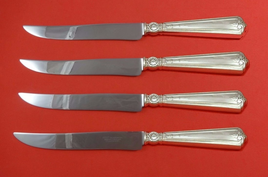 Durgin Victorian Sterling Silver Steak Knife Set 4pc Texas Size: Durgin Victorian Sterling Silver Steak Knife Set 4pc Texas Size This stunning 4-piece steak knife set features the exquisite Victorian pattern by Durgin, crafted from high-quality sterling silver with