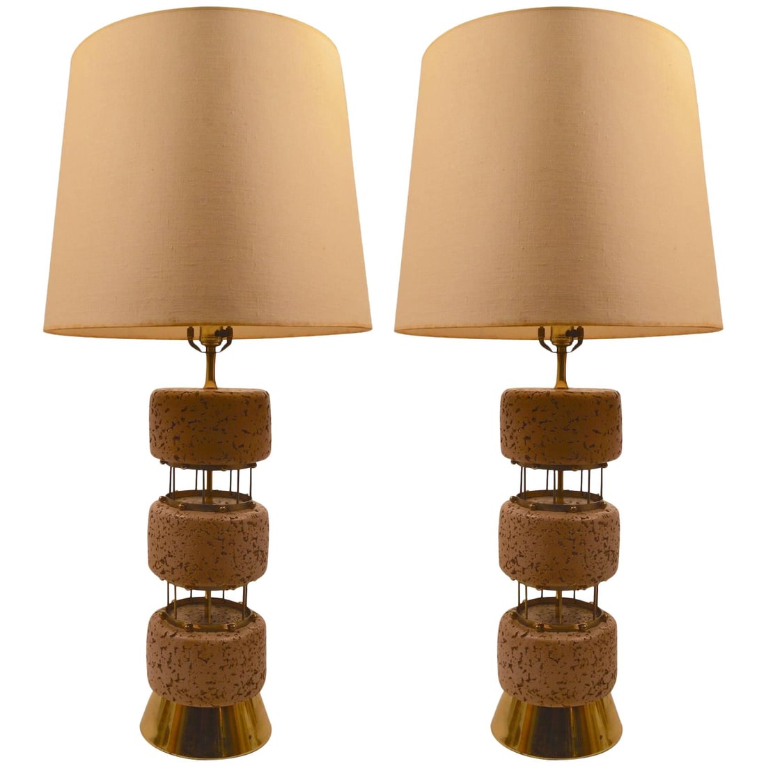 Vintage 1950s Plaster Cork Table Lamps with Brass Accents: Vintage 1950s Plaster Cork Table Lamps with Brass Accents This exquisite pair of architectural table lamps features a unique plaster faux cork design complemented by brass-colored metal spacer element