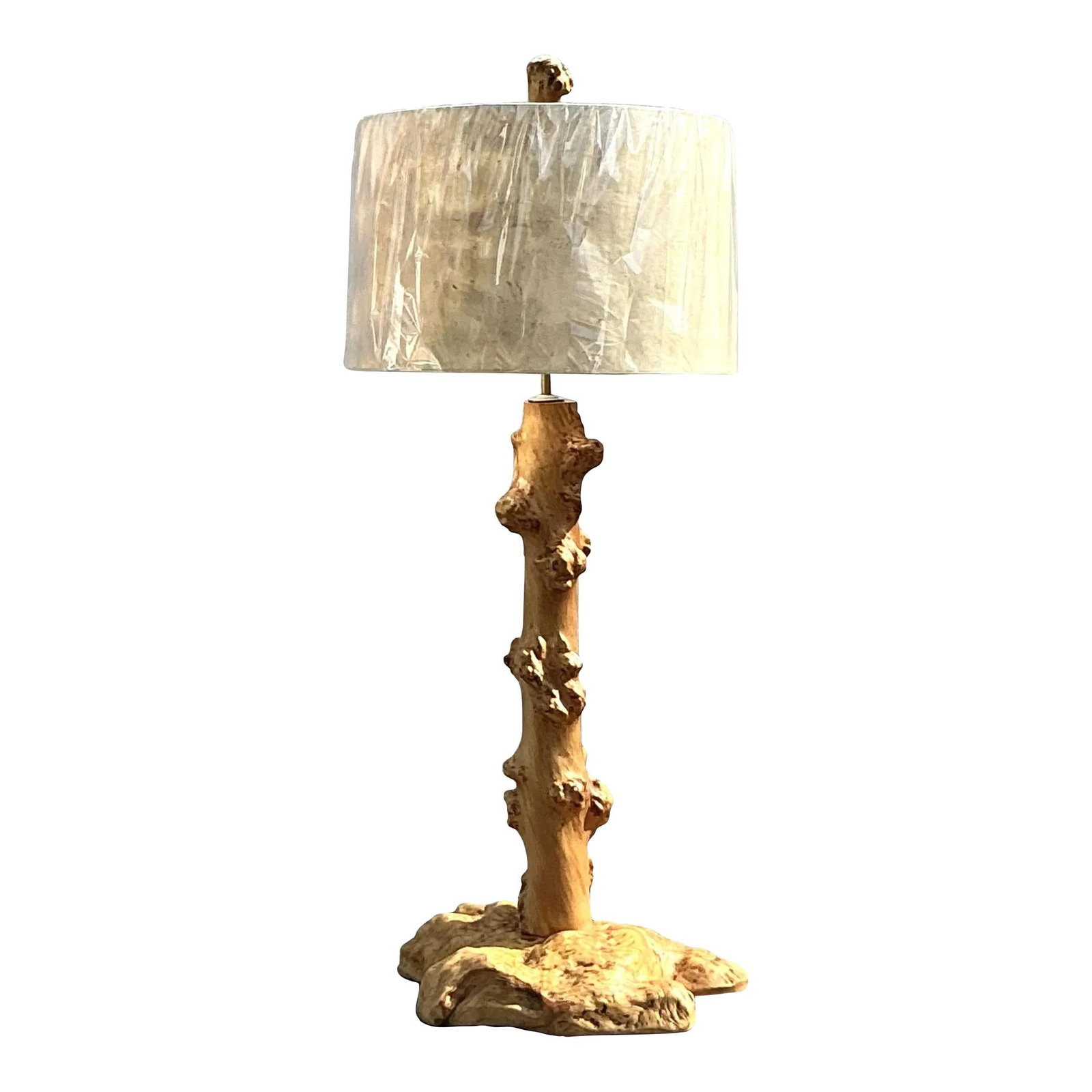 Vintage Burl Knot Table Lamp with Wood Shade 48.5in: Vintage Burl Knot Table Lamp with Wood Shade 48.5in This vintage burl knot table lamp is a stunning statement piece that highlights the natural beauty of richly textured burl wood. Accompanied by a co