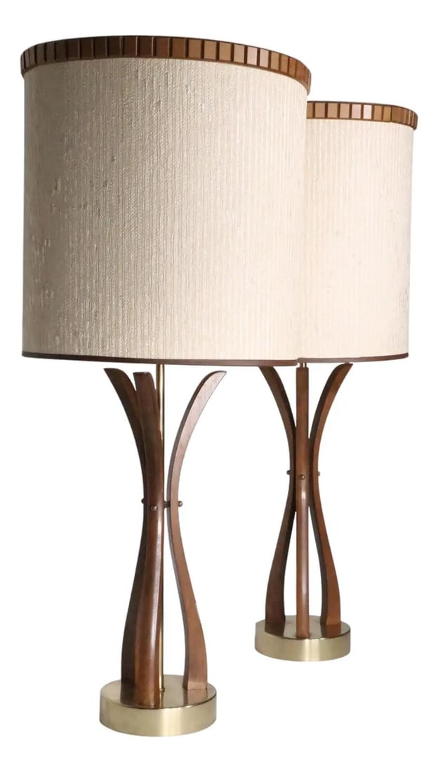 Pair of Mid Century Wood Brass Table Lamps with Original Shades (1 of 10)
