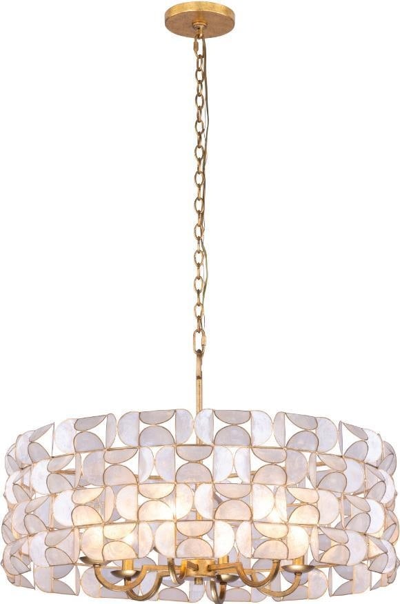 Kalco Crescent Oxidized Gold Leaf 6-Light Pendant with Capiz Accents: Kalco Crescent Oxidized Gold Leaf 6-Light Pendant with Capiz Accents Illuminate your space with this exquisite Luxurious Gold Leaf Pendant featuring elegant Capiz accents. Crafted in a vintage style, 