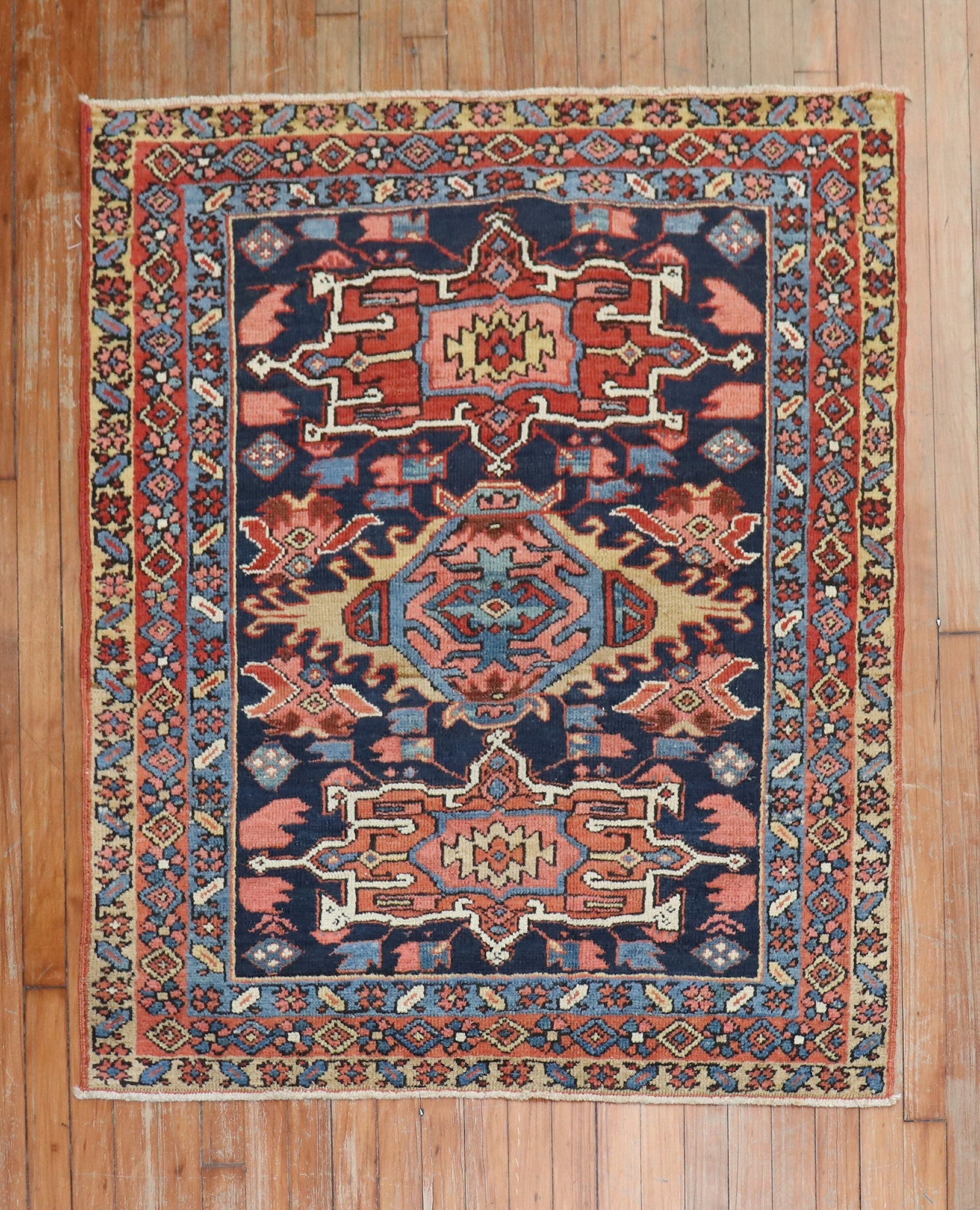 3' 7" x 4' 3" Persian Heriz square rug navy brown geometric: 3' 7" x 4' 3" Persian Heriz square rug navy brown geometric Early 20th-century Persian Heriz carpet in a square size, featuring a traditional geometric design in navy blue and brown. Classified as a S