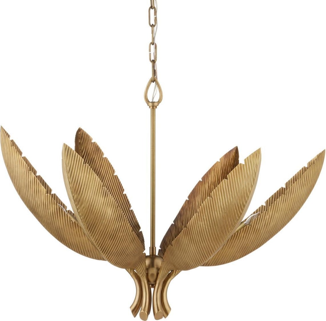 Currey Bird of Paradise Brass Chandelier 24.5H 33W 33D: Currey Bird of Paradise Brass Chandelier 24.5H 33W 33D Illuminate your space with this exquisite nature-inspired chandelier, featuring a captivating vintage style. This bowl chandelier is part of the 
