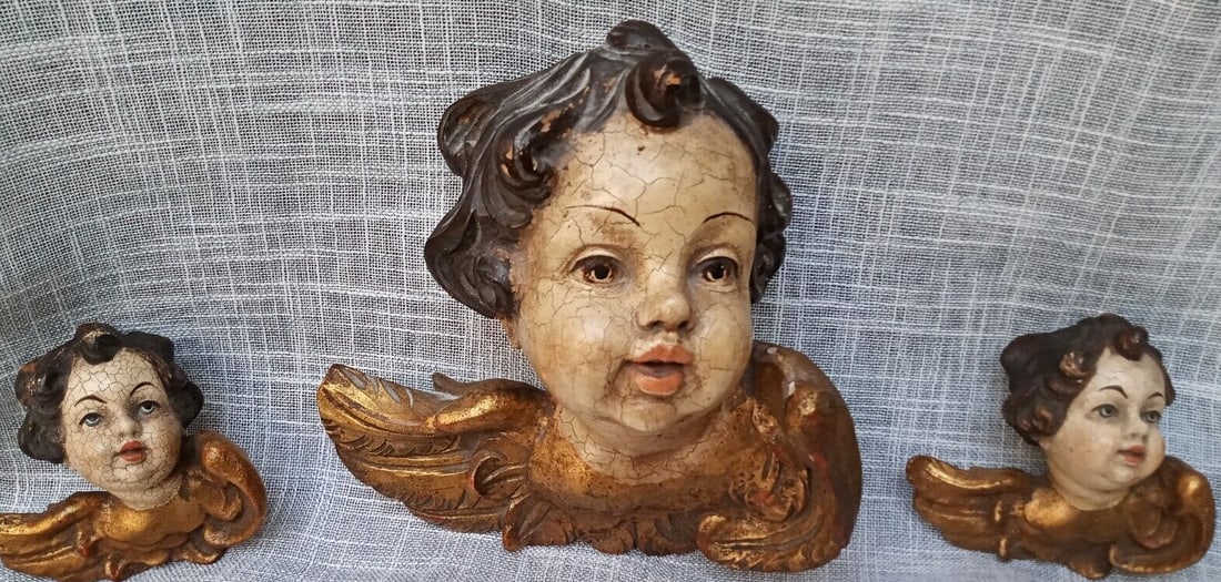 Set of 3 Italian hand carved wood cherub wall sculptures 8in (1 of 12)