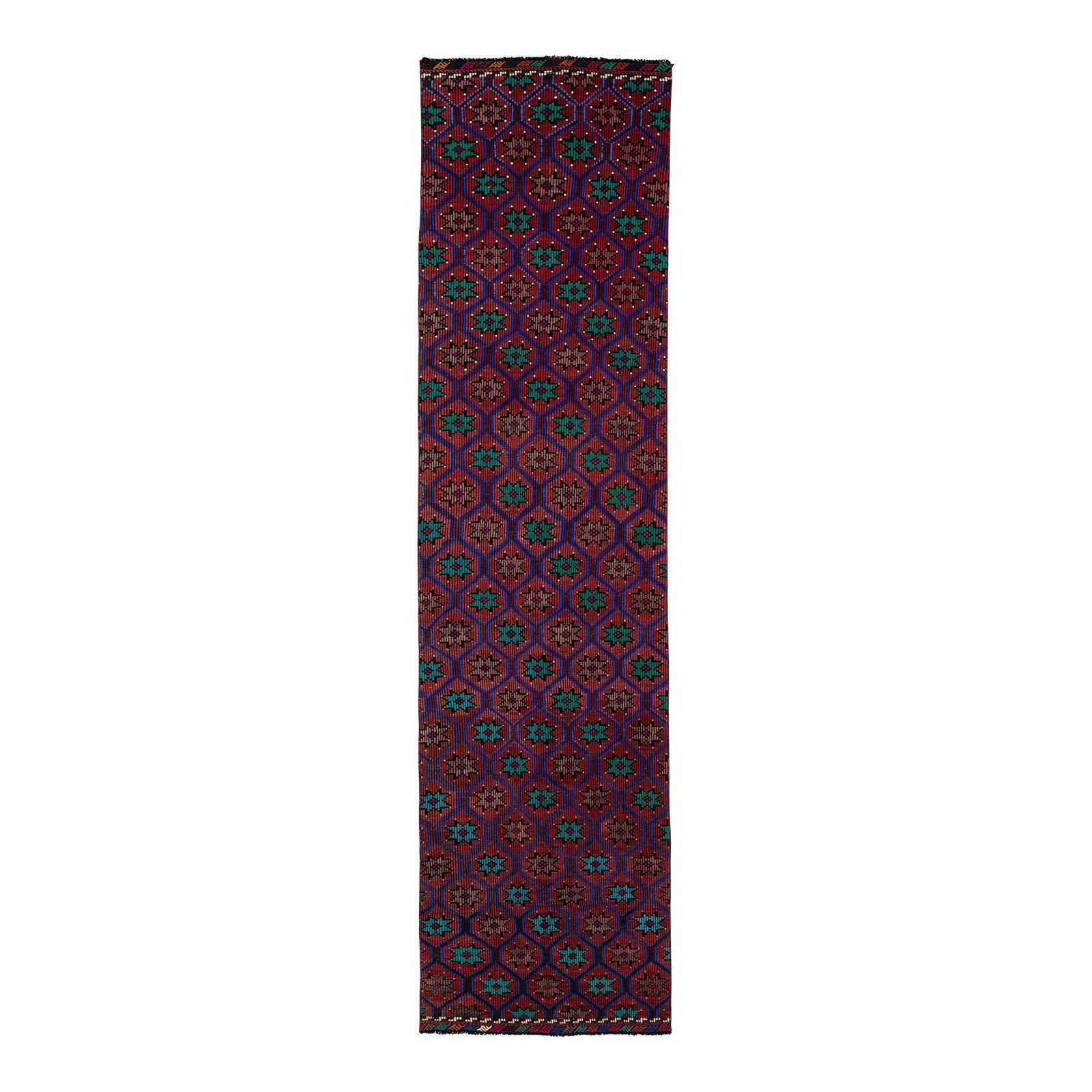 Vintage Turkish Wool Kilim Rug Geometric Design Rust 3'2" x 12'4": Vintage Turkish Wool Kilim Rug Geometric Design Rust 3'2" x 12'4" Enhance your space with this stunning vintage Turkish kilim wool rug, featuring an eye-catching geometric design enriched with vibrant
