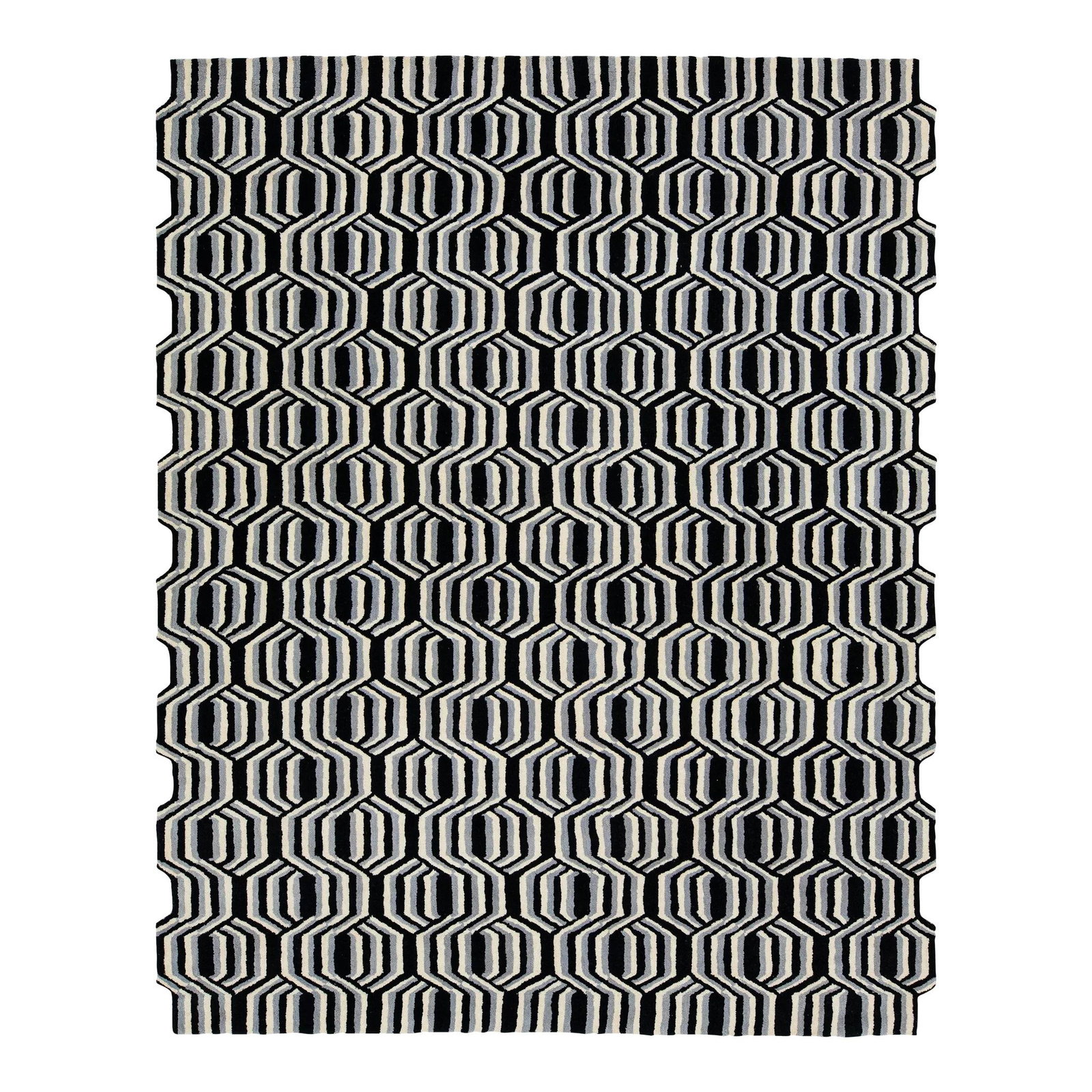 Modern Hand-Tufted Wool Rug with Graphic Pattern: Modern Hand-Tufted Wool Rug with Graphic Pattern Enhance your living space with this stunning hand-tufted wool rug from the Laura Gottwald for Collection. Featuring a modern design with overlapping he