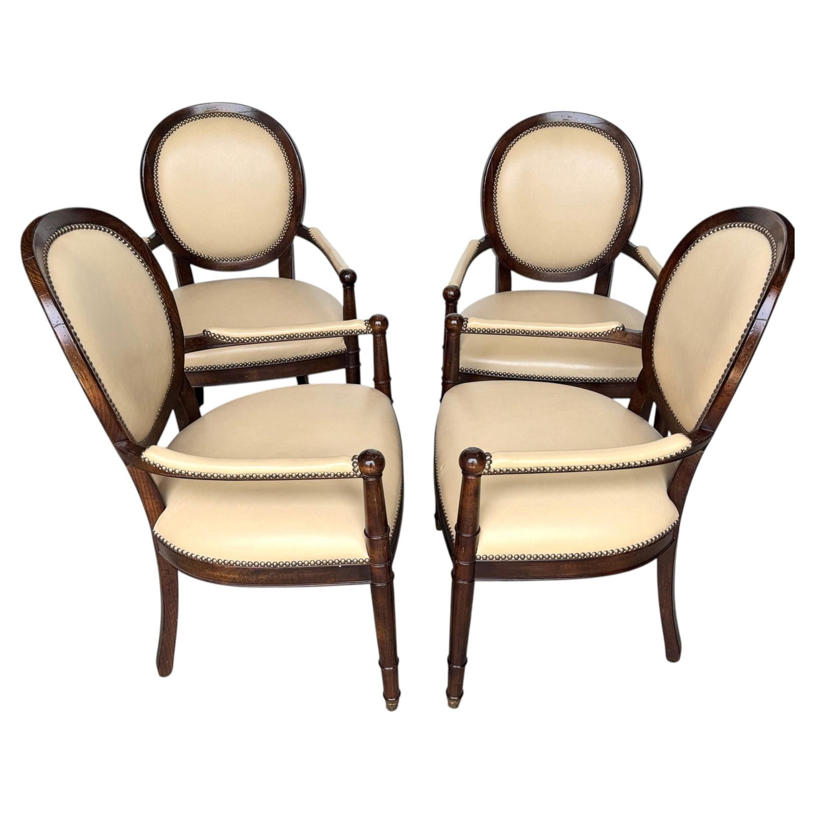 4 Baker Milling Road mahogany armchairs with parchment leather Set of 4: 4 Baker Milling Road mahogany armchairs with parchment leather Set of 4 Set of four Baker Milling Road neoclassical armchairs crafted in mahogany with original parchment-colored leather upholstery. Th