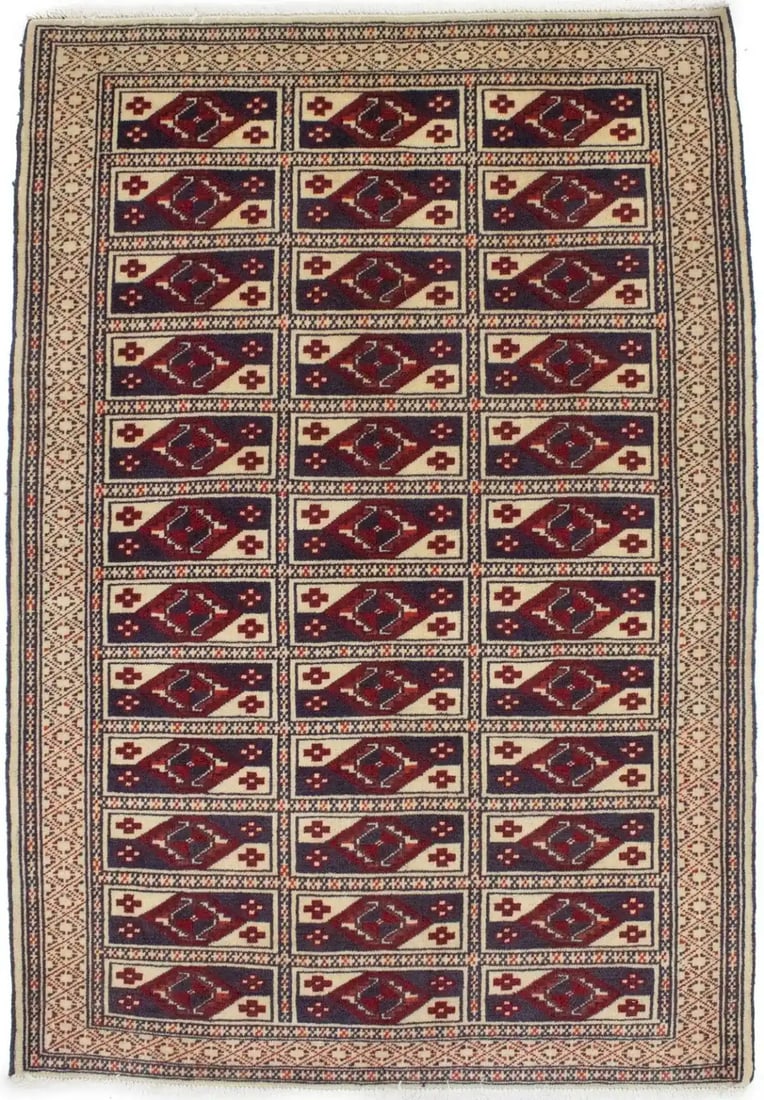 Cream Wool Tribal Area Rug Hand-Knotted Geometric Carpet 2'10 x 4'2: Cream Wool Tribal Area Rug Hand-Knotted Geometric Carpet 2'10 x 4'2 This hand-knotted wool area rug features a cream base with red and plum accents in a tribal geometric design. Handmade in Western As