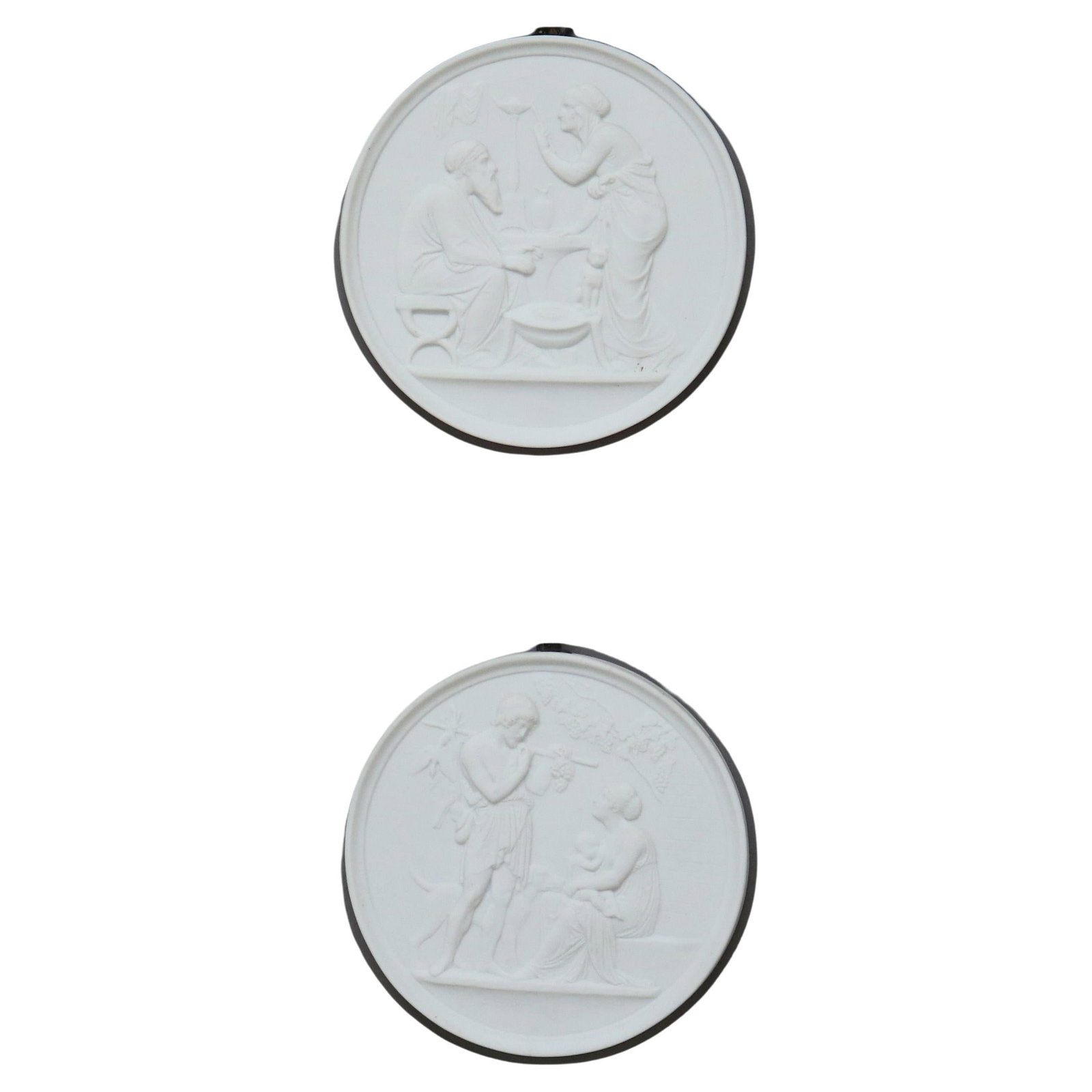 Set of 2 Antique Parian Ware Bisque Porcelain Plaques C1880: Set of 2 Antique Parian Ware Bisque Porcelain Plaques C1880 This exquisite pair of antique Parian ware classical bisque porcelain plaques dates back to circa 1880, showcasing the elegance of late 19th