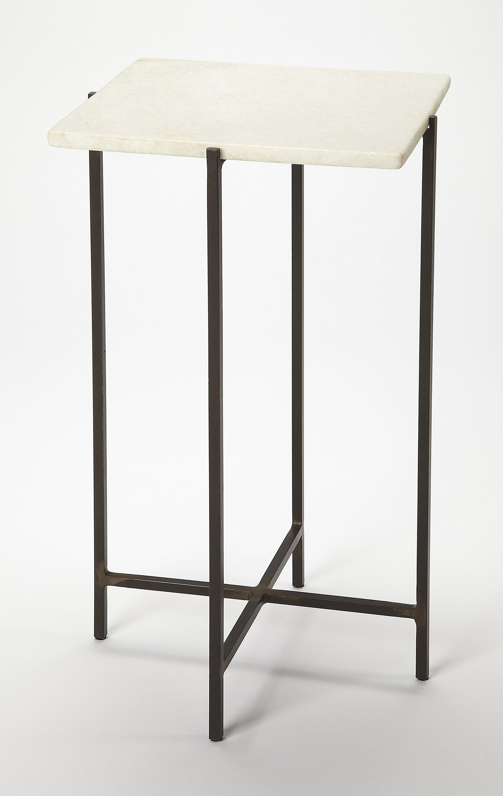 Butler Square Accent Table with Multi-Color Marble Top: Butler Square Accent Table with Multi-Color Marble Top Enhance your living space with this stylish square accent table, featuring a stunning combination of marble and iron. The table showcases a trans