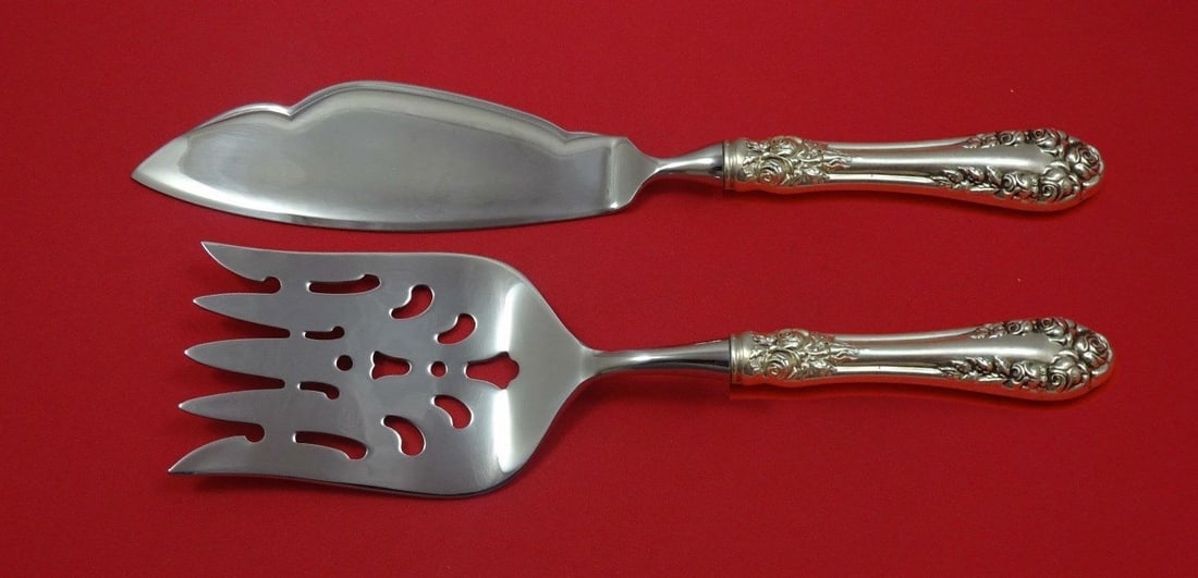 Wallace Rose Sterling Silver Fish Serving Set 2 Piece Custom Made: Wallace Rose Sterling Silver Fish Serving Set 2 Piece Custom Made Enhance your dining experience with the Rose by Wallace Sterling Silver Fish Serving Set. This exquisite two-piece set includes a larg