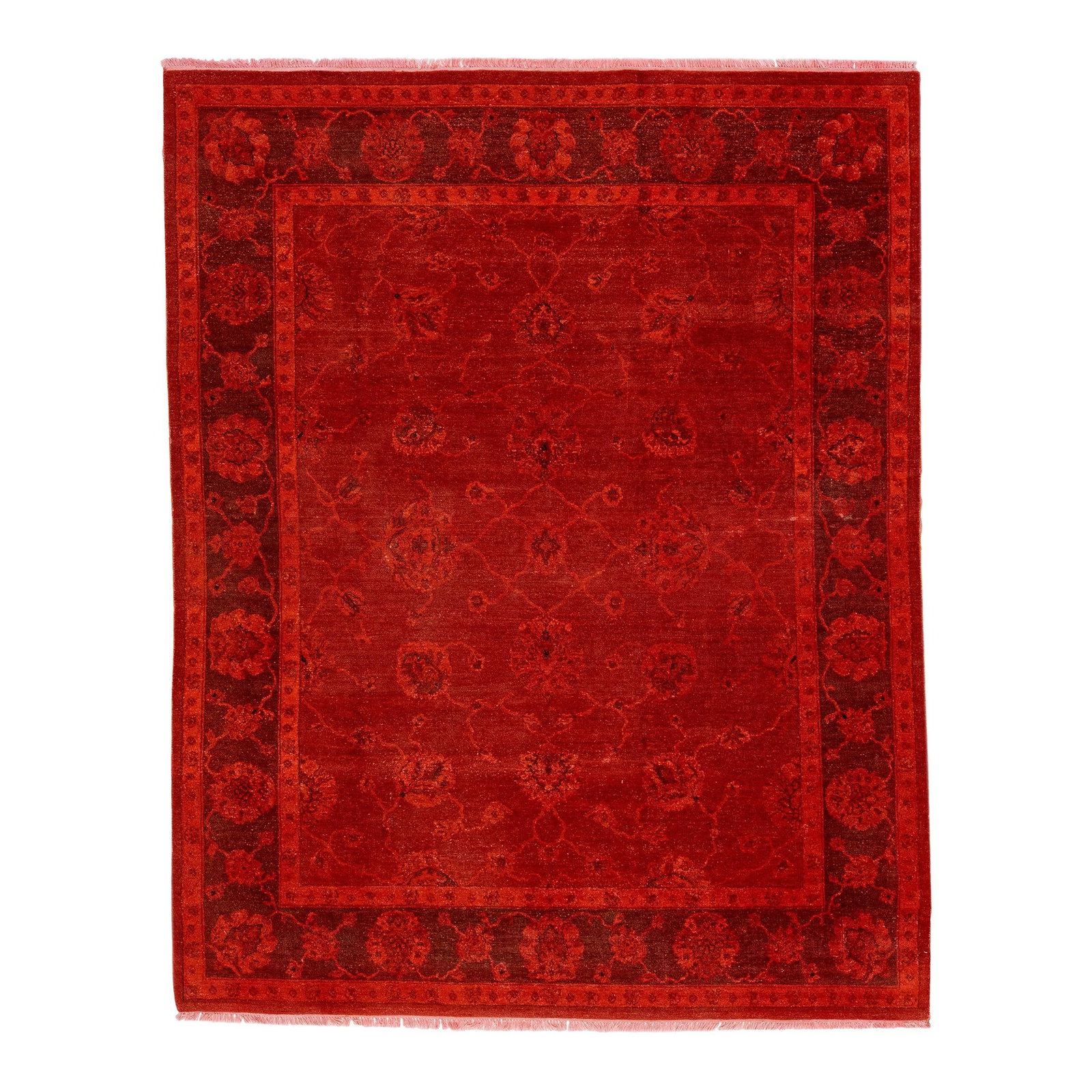 1960s Handmade Wool Rug Red Floral Overdye Art & Crafts 7'10 x 10: 1960s Handmade Wool Rug Red Floral Overdye Art & Crafts 7'10 x 10 This stunning 1960s handmade wool rug features a vibrant red background beautifully complemented by a delicate floral pattern, embodyi