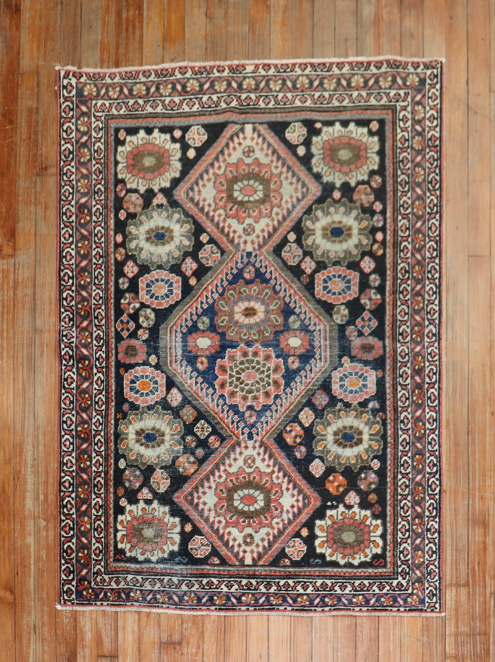 3' 5" x 4' 9" Persian Sultanabad Mahal Scatter Rug: 3' 5" x 4' 9" Persian Sultanabad Mahal Scatter Rug Traditional Persian Mahal scatter size rug from the 1930s in a navy colorway. This pre-owned small rug is identified as a Sultanabad/Mahal type. Spec