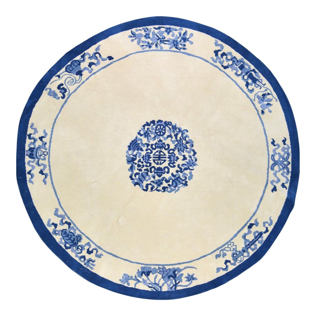 Round Hand-Knotted Wool Chinese Art Deco Area Rug 105 Inch: Round Hand-Knotted Wool Chinese Art Deco Area Rug 105 Inch This vintage Chinese Art Deco rug is hand-knotted from wool using traditional techniques. It features a round design with a soft texture and 