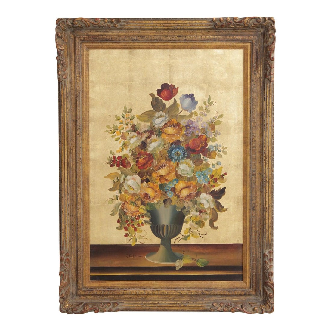 Artist Signed Still Life Canvas Painting with Gold Leaf Background 33w x 45h (1 of 10)