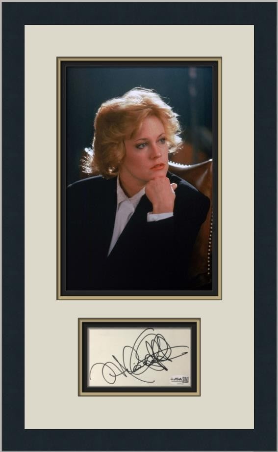 Custom Framed Melanie Griffith Autograph Cut Card JSA Certified Display: Custom Framed Melanie Griffith Autograph Cut Card JSA Certified Display Authentic Melanie Griffith cut signature presented in a professionally custom framed display with a color portrait photograph. T