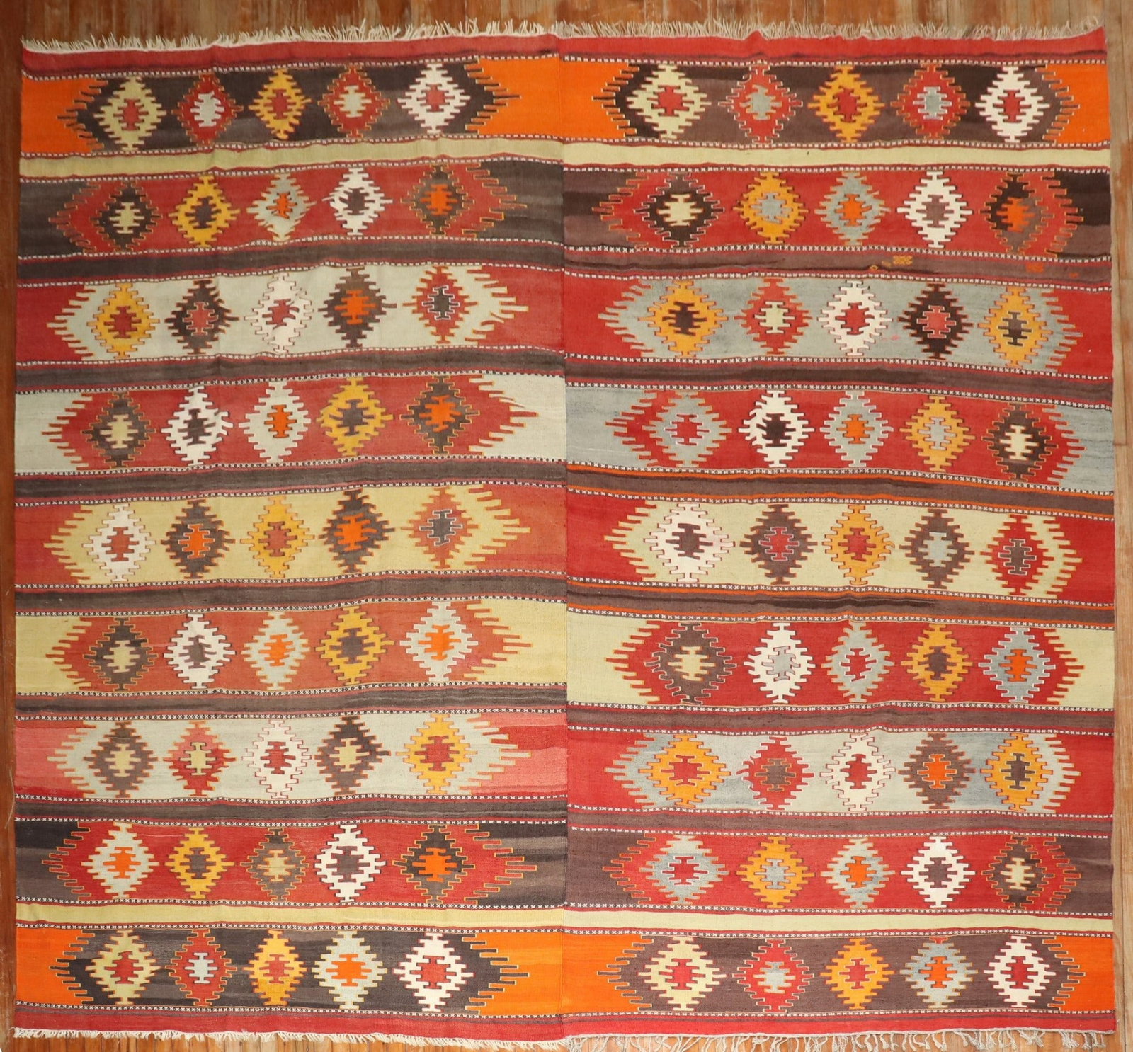 11' 8" x 11' 9" Square Turkish Kilim Flat Weave Rug: 11' 8" x 11' 9" Square Turkish Kilim Flat Weave Rug Large square Turkish tribal kilim flat-weave rug from the 2nd quarter of the 20th century. This pre-owned room-size kilim features a square format a