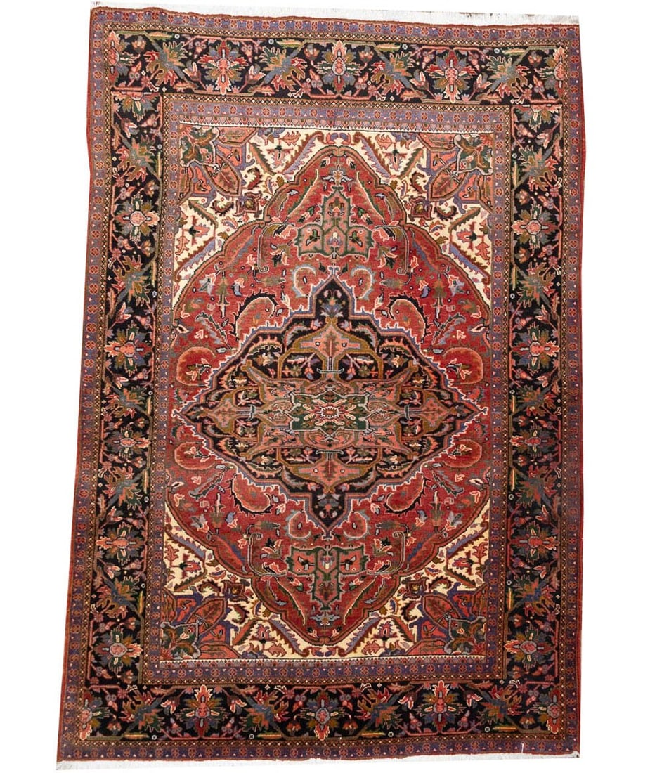 Hand-Knotted Wool Area Rug 6'10 x 10'0 Red Floral Vintage: Hand-Knotted Wool Area Rug 6'10 x 10'0 Red Floral Vintage Vintage hand-knotted wool area rug with a floral pattern in a rich multicolor palette led by red, with cream, dark purple-navy, gold, green, b