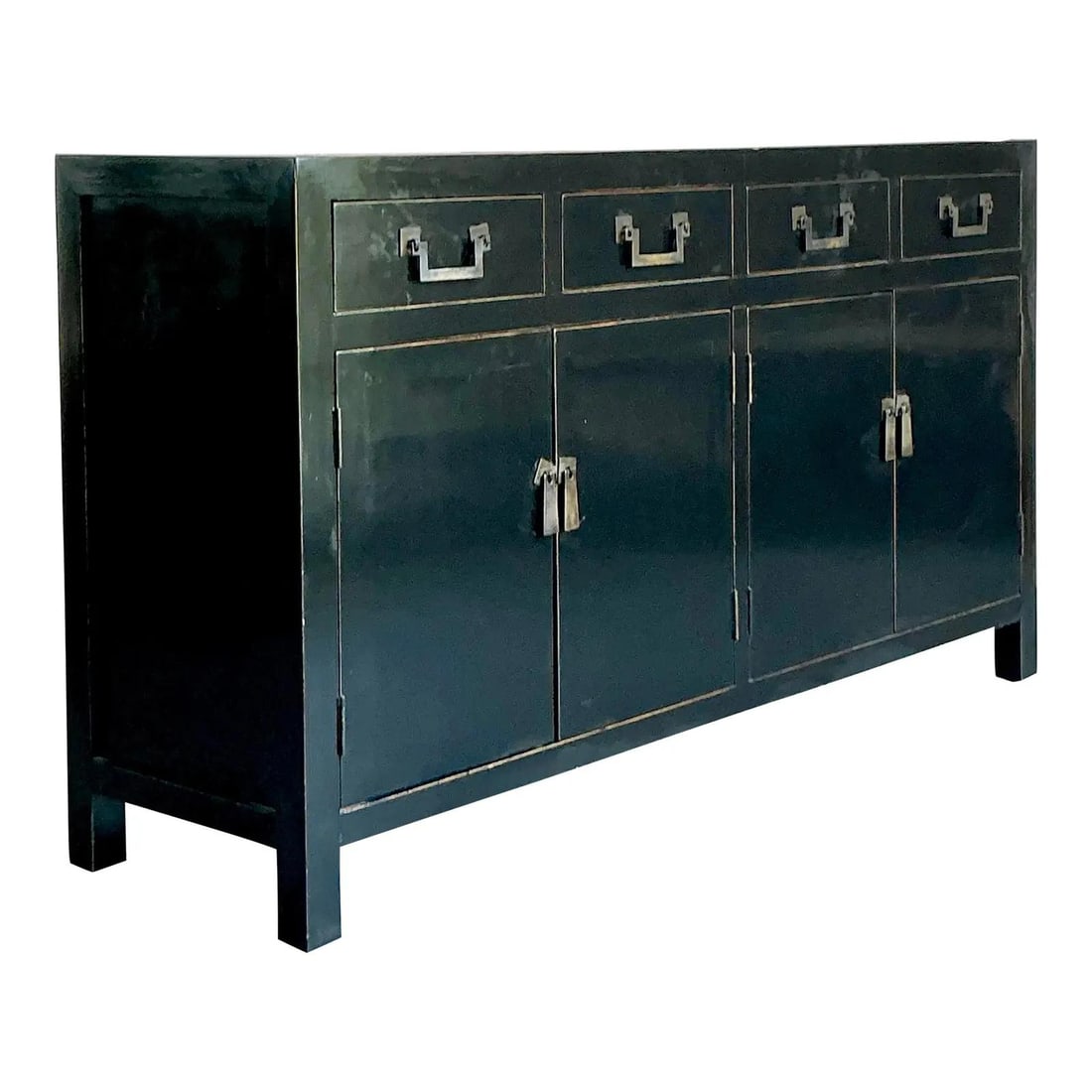 Chinoiserie Inspired Black Lacquer Credenza with Brass Hardware 60x17x33.5: Chinoiserie Inspired Black Lacquer Credenza with Brass Hardware 60x17x33.5 This vintage Asian black lacquered credenza showcases classic Chinoiserie-inspired design, featuring a sleek silhouette with 