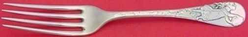 Tiffany & Co. Sterling Silver Junior Fork Girl with Tambourine Monogrammed 6.25": Tiffany & Co. Sterling Silver Junior Fork Girl with Tambourine Monogrammed 6.25" This exquisite Tiffany & Co. sterling silver junior fork features a charming girl holding a tambourine, measuring 6 1/4