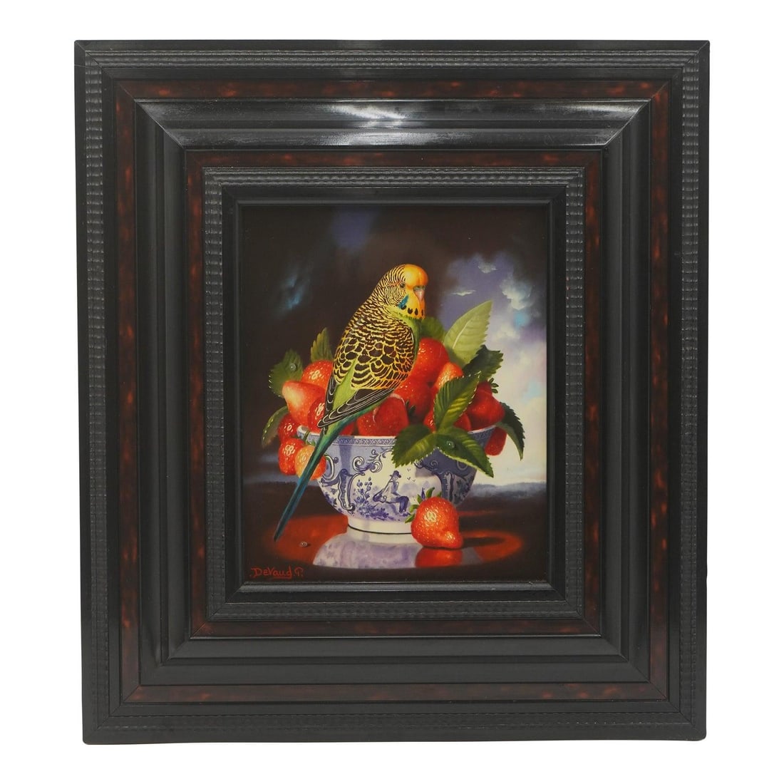 Signed P DeVaud Perruche Aux Fraises Oil Painting on Canvas (1 of 10)