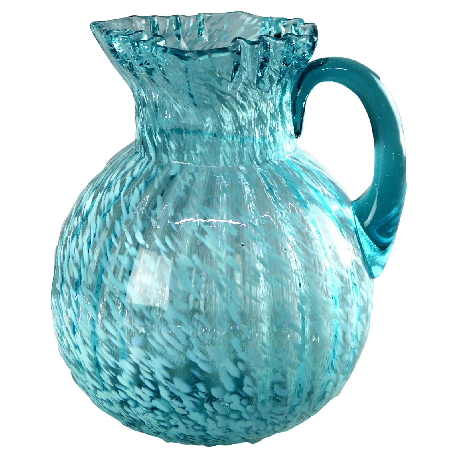 20th Century Aqua Opalescent Splatterware Art Glass Juice Pitcher: 20th Century Aqua Opalescent Splatterware Art Glass Juice Pitcher This stunning Aqua & Opalescent Splatterware Art Glass Juice Pitcher features a charming ruffled rim, making it a perfect addition to 