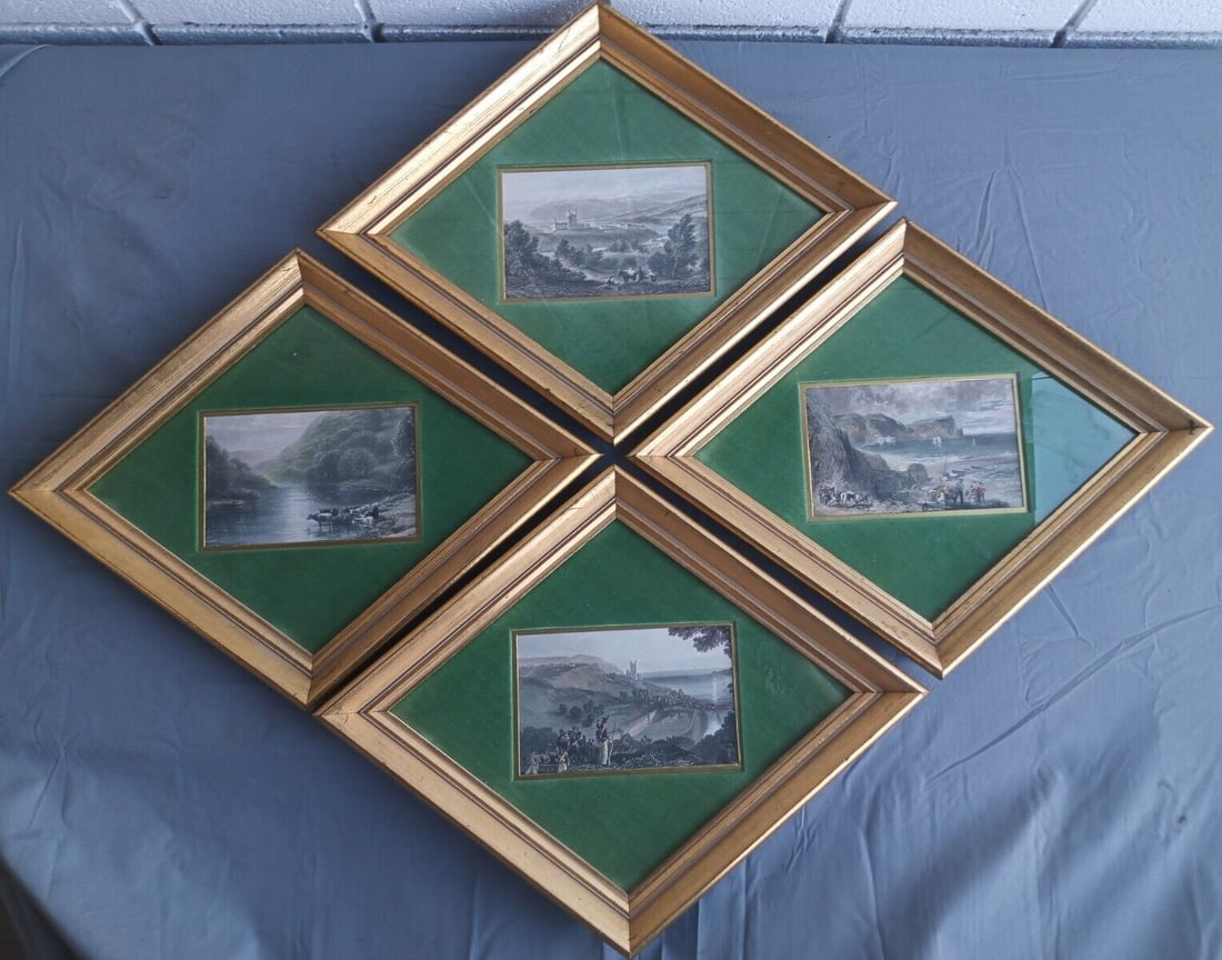 Set of 4 Framed European Castle Landscape Etchings in Giltwood Frames (1 of 15)