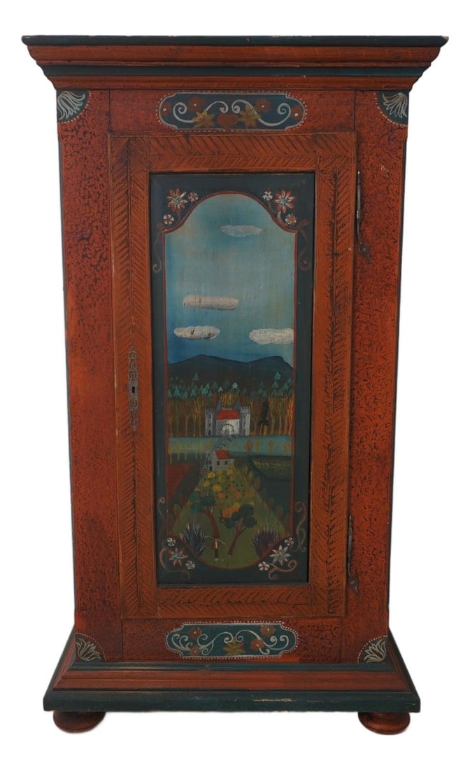 Hand Painted Primitive Wood Cupboard with Single Door Folk Art Style: Hand Painted Primitive Wood Cupboard with Single Door Folk Art Style This Pennsylvania Dutch case cupboard features a single door and showcases a hand-painted, decoratively finished primitive country 
