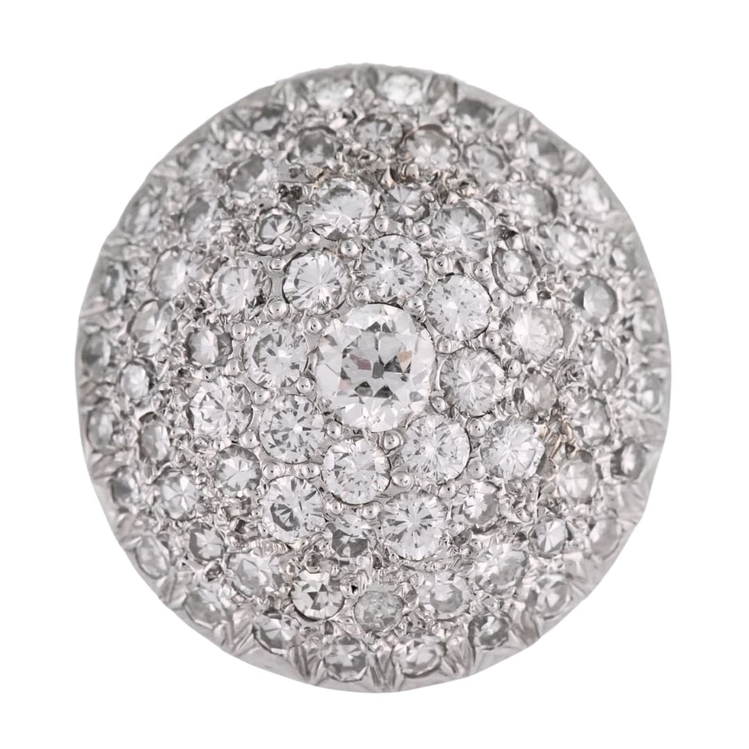 Vintage pave diamond shield ring in 14K white gold: Vintage pave diamond shield ring in 14K white gold Vintage 14K white gold shield-style cocktail ring set with natural round brilliant diamonds in a detailed pave setting. The ring features a 0.30 cara