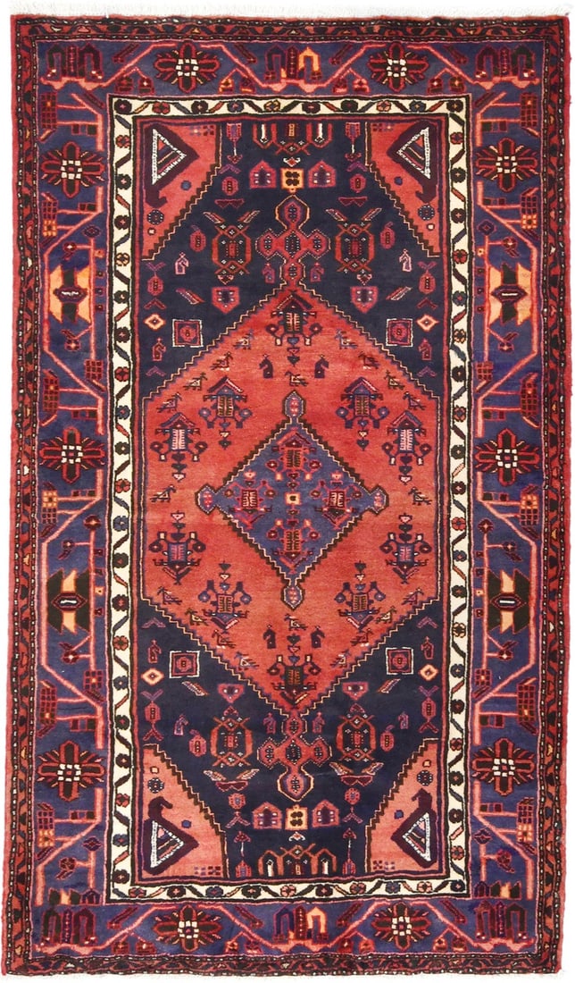 Vintage Hand-Knotted Orange-Red Geometric Oriental Rug 4'2 x 7'0: Vintage Hand-Knotted Orange-Red Geometric Oriental Rug 4'2 x 7'0 Enhance your space with this vintage Oriental rug, featuring a vibrant orange-red geometric design complemented by dark purple, navy, m