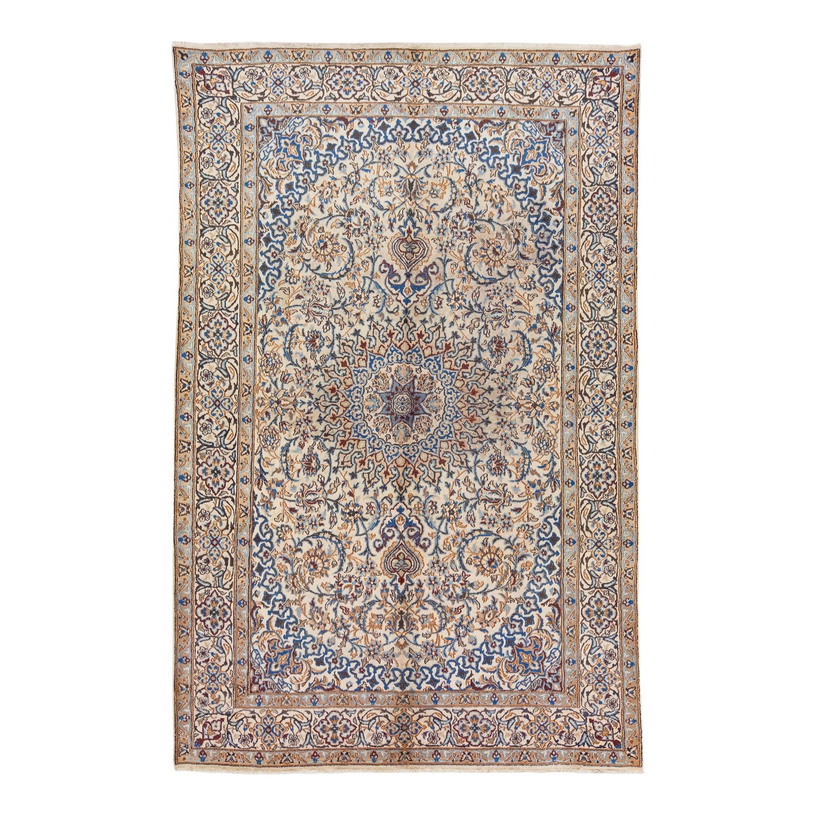 1960s Vintage Persian Kashan Wool Rug Beige Medallion Design 6'3 X 9'10: 1960s Vintage Persian Kashan Wool Rug Beige Medallion Design 6'3 X 9'10 This exquisite Persian Kashan rug showcases a stunning hand-knotted design, featuring a beige field adorned with multicolor acce