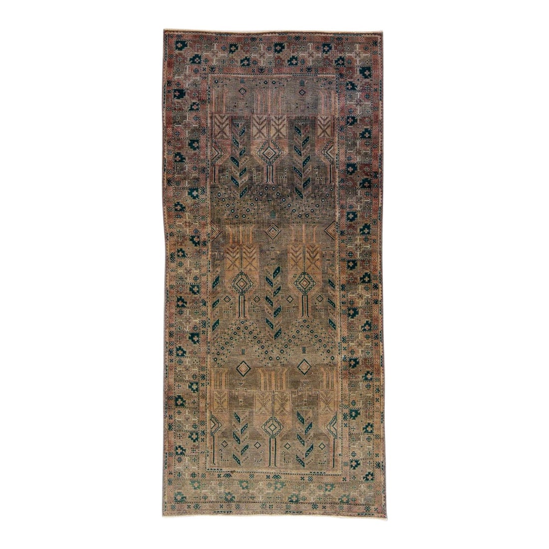 Vintage Handmade Geometric Wool Runner 4'2 x 9'1 Brown: Vintage Handmade Geometric Wool Runner 4'2 x 9'1 Brown Enhance your space with this stunning vintage geometric hand-knotted wool runner. Featuring a rich brown field accented with black and tan detail