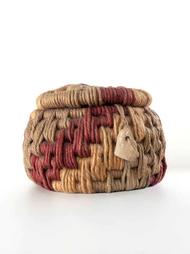 Handcrafted Coiled Rope Basket Inspired by Nova Albion Tribes 1981: Handcrafted Coiled Rope Basket Inspired by Nova Albion Tribes 1981 This vintage coiled rope art basket was crafted by Ruth Lescohier in 1981, inspired by the traditional basketry of the Coast Miwok an