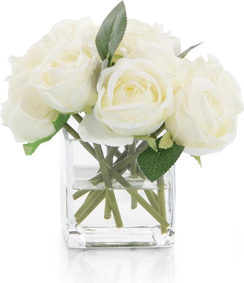 John-Richard White Rose in Clear Glass Cube Vase: John-Richard White Rose in Clear Glass Cube Vase Enhance your decor with this elegant white rose presented in a modern clear glass vase. This botanical piece, designed by Fran Bearden, features a cube