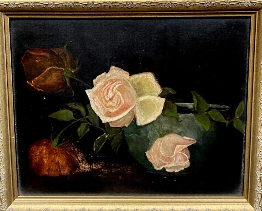 Framed American still life oil painting with roses 11x13.75 Victorian era: Framed American still life oil painting with roses 11x13.75 Victorian era Antique Victorian still life oil painting depicting roses in a vase against a dark background. This original handmade work is 