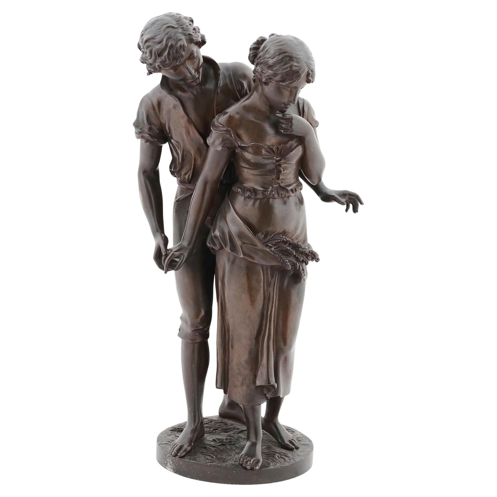 Patinated Bronze Figure La Declaration after Charles Georges Ferville-Suan: Patinated Bronze Figure La Declaration after Charles Georges Ferville-Suan Antique patinated bronze sculpture titled Declaration of Love, depicting a young couple in love. This piece is after the orig