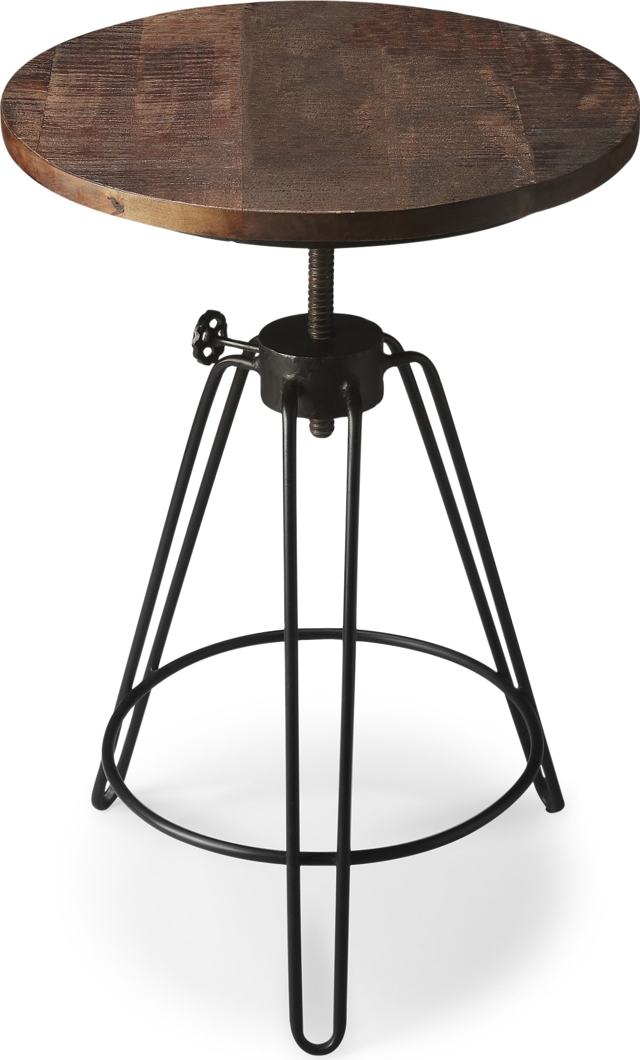 Butler Industrial Reclaimed Wood Side Table with U-Shaped Legs: Butler Industrial Reclaimed Wood Side Table with U-Shaped Legs This reclaimed wood industrial side table features a unique blend of antique and vintage styles. Crafted with a circular shape, it stands