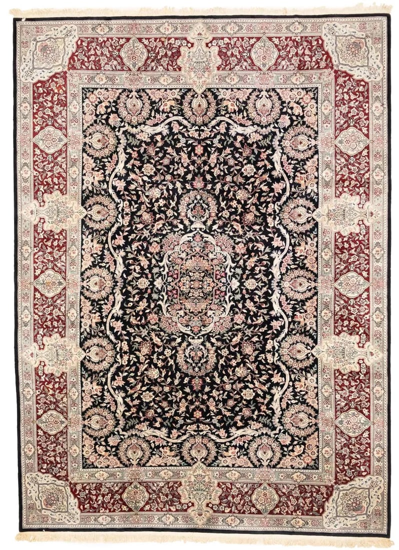Hand-Knotted Wool Floral Rug 9'8 x 13'5 Black Oriental Design from India: Hand-Knotted Wool Floral Rug 9'8 x 13'5 Black Oriental Design from India This extra large handmade area rug features a floral pattern in shades of black, deep red, cream, sage green, and more. Expertl