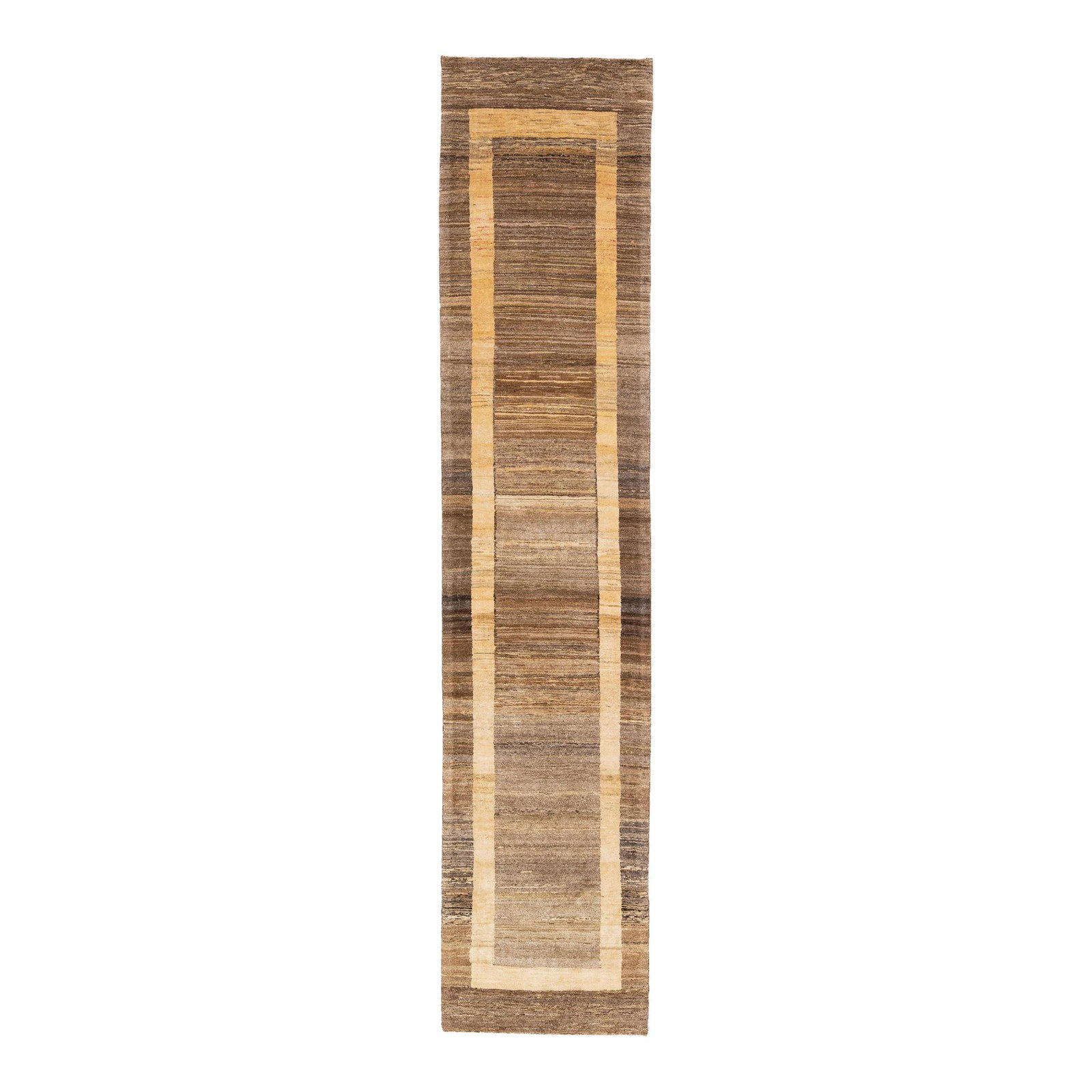 Handmade Modern Gabbeh Wool Runner Brown Geometric Design 2'7" x 12'1": Handmade Modern Gabbeh Wool Runner Brown Geometric Design 2'7" x 12'1" Discover this stunning modern Gabbeh-style hand-woven wool runner, featuring a rich brown color field complemented by elegant bei