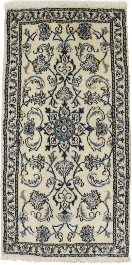 Hand-Knotted Vintage Nain Oriental Rug Cream Floral Wool 2'3 x 4'5: Hand-Knotted Vintage Nain Oriental Rug Cream Floral Wool 2'3 x 4'5 Enhance your space with this Vintage Nain Oriental Rug, a stunning blend of cream, beige, blue, and dark navy floral patterns. This h