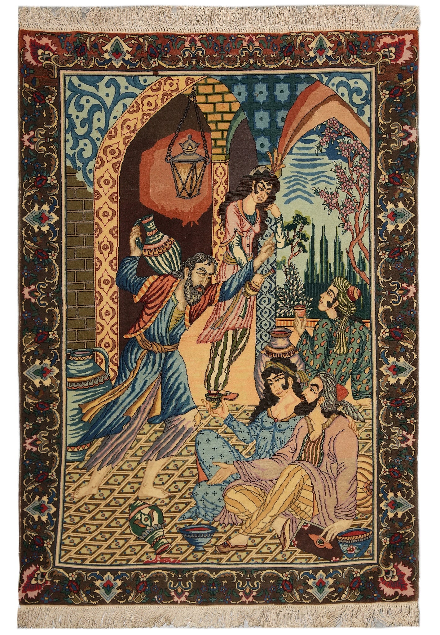 3.4 x 5 Authentic Iran Pictorial Persian Rug Wool Silk on Silk 400 KPSI: 3.4 x 5 Authentic Iran Pictorial Persian Rug Wool Silk on Silk 400 KPSI Free continental US Shipping Authentic Iranian pictorial Persian rug woven in wool and silk on a silk foundation with a detailed