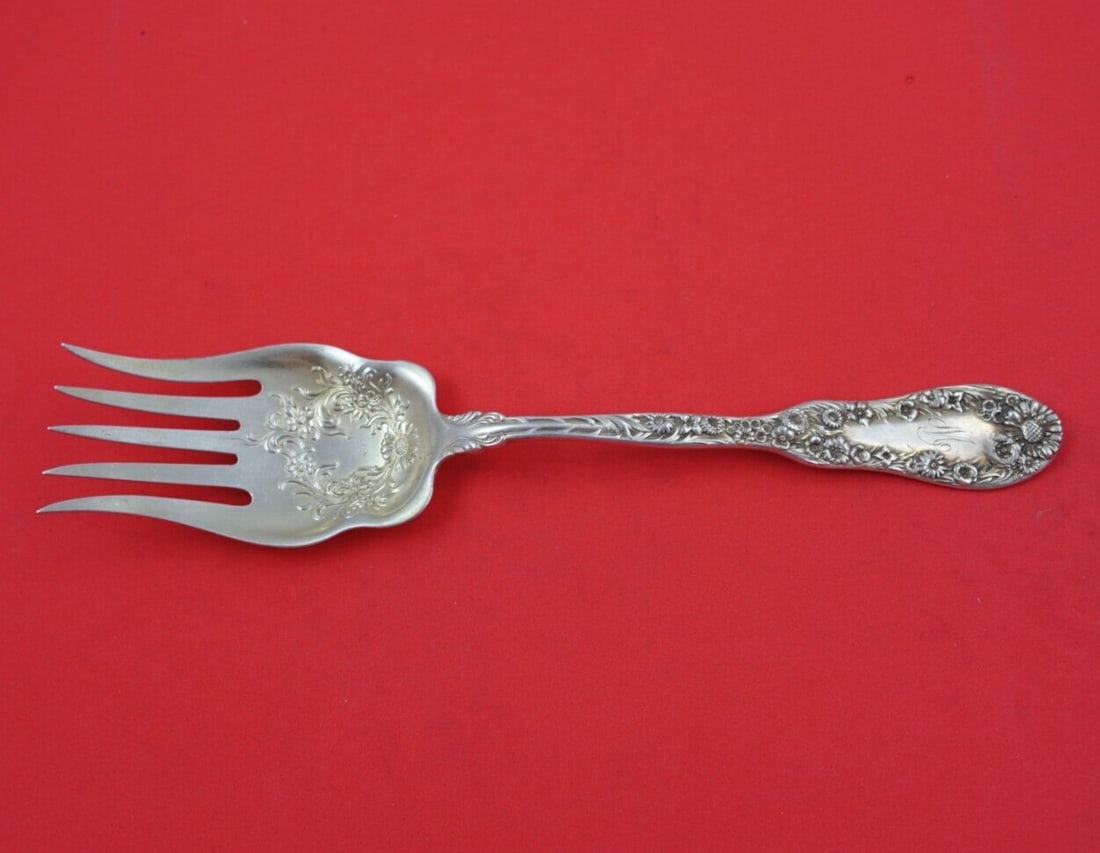 Dominick & Haff Sterling Silver 5-Tine Cold Meat Fork Number 10 8 3/4 inches: Dominick & Haff Sterling Silver 5-Tine Cold Meat Fork Number 10 8 3/4 inches This exquisite cold meat fork is a standout piece from Dominick & Haff, crafted in sterling silver. Featuring a 5-tine desi