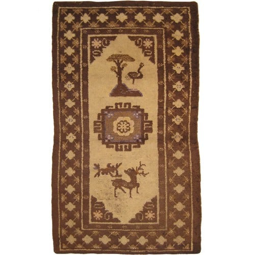 Hand Knotted Mongolian Wool Area Rug Tree of Life Deer Bird 3x5: Hand Knotted Mongolian Wool Area Rug Tree of Life Deer Bird 3x5 This antique Art Deco Mongolian rug, dating from circa 1900, features a hand-knotted construction using 100% Mongolian wool with a cotto