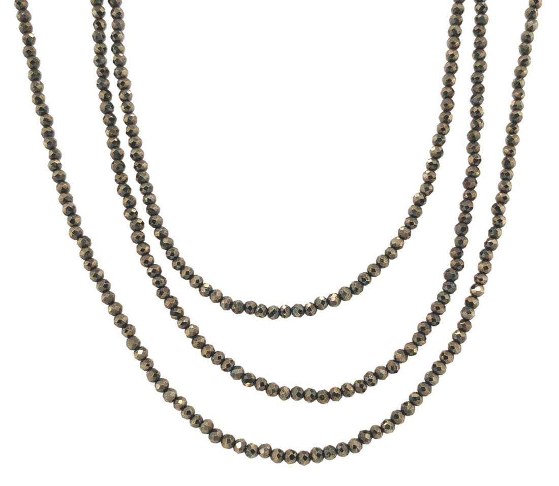 14k White Gold Triple Strand Pyrite Beaded Necklace 16.5-18 Inches: 14k White Gold Triple Strand Pyrite Beaded Necklace 16.5-18 Inches Elevate your jewelry collection with this exquisite 14k White Gold Triple Strand Beaded Pyrite Necklace. This stunning piece showcase